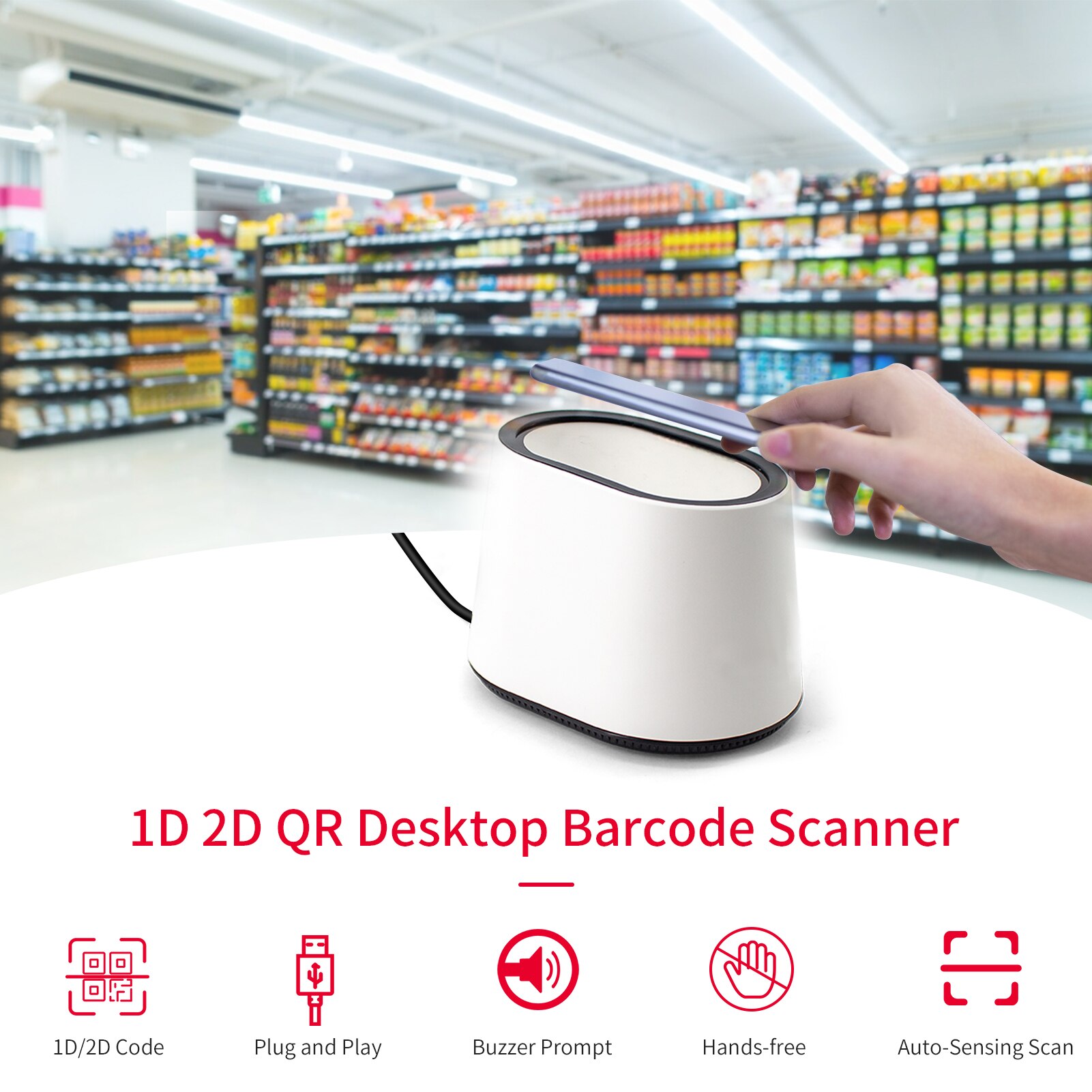 Desktop 1D 2D QR Barcode Scanner Platform USB Wired Bar Code Reader Large Scanning Window Support Auto-Sensing Hands Free