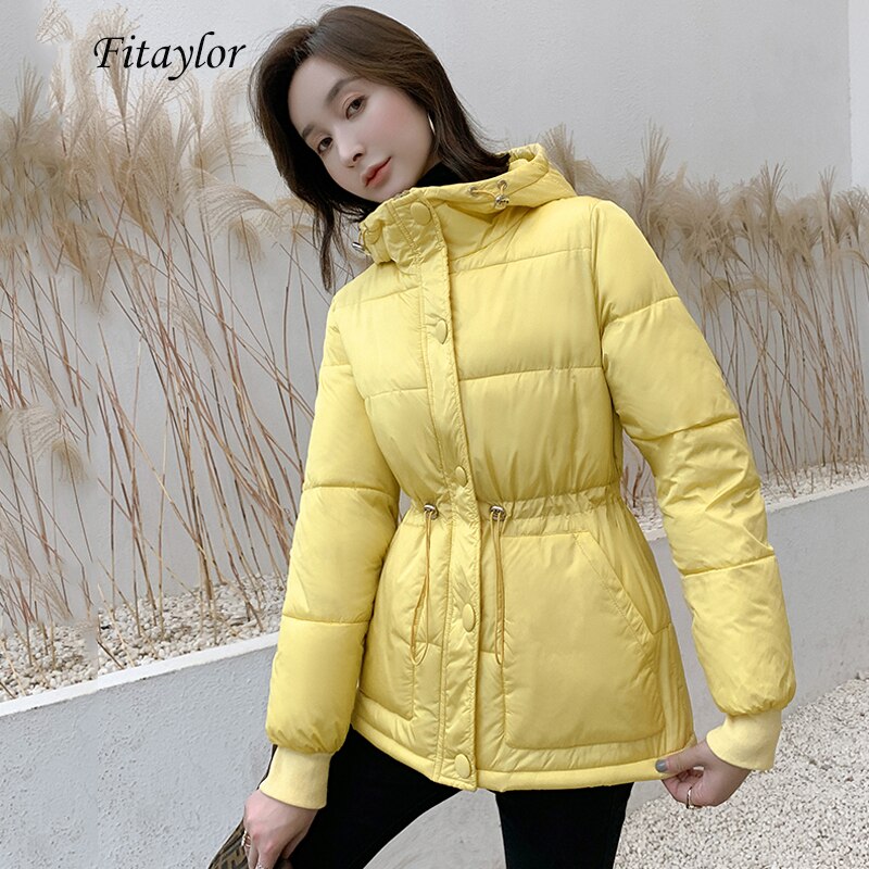 Fitaylor invierno algodón acolchado Chaquetas cortas Abrigo con capucha simple Breasted Abrigos Mujer Casual talla grande algodón lindo ropa de abrigo