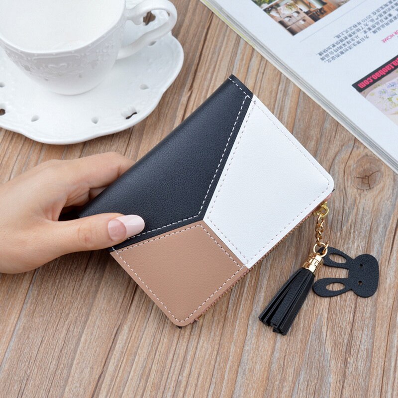 Cartera con cremallera a la para mujer, cartera con borla empalmada, versátil, de cuero PU, tarjetero, billetera encantadora pequeña informal para mujer