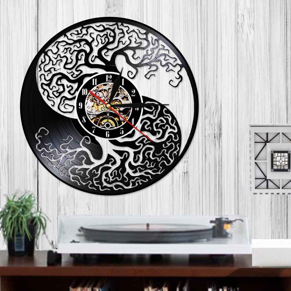 Yin og yang yggdrasil livets træ vinylplade vægur feng shui zen vægur taijitu balance symbol åndeligt ledet lys