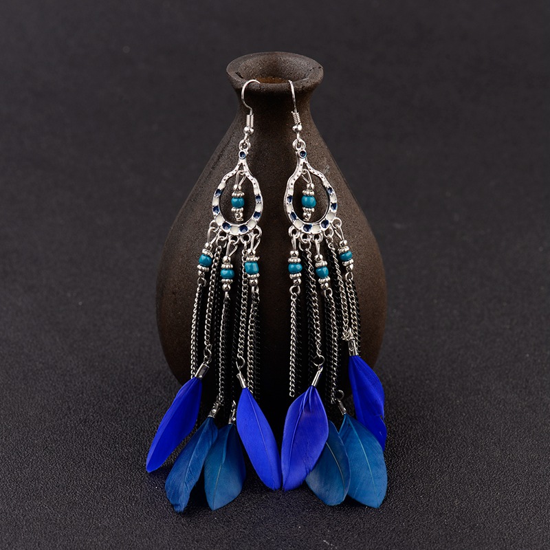 Orecchini lunghi di piume blu etniche per donna Gypsy Jhumka Jhumki catena perline indiane orecchini fatti a mano Oorbellen HXE058