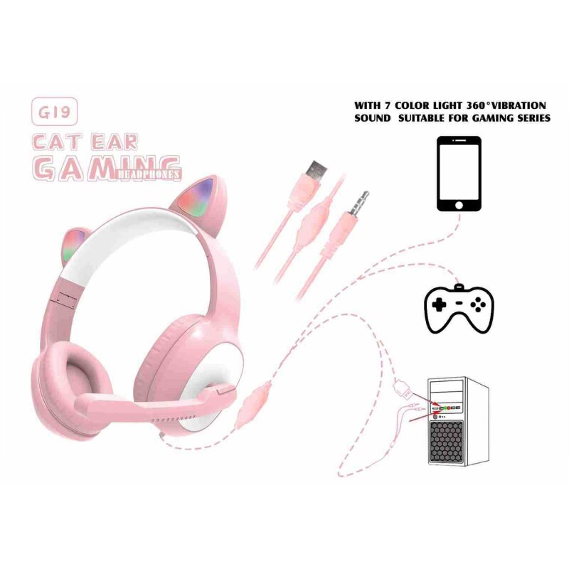 Product G19 Pink Cat Ear Cute Girl Gaming Headset With Mic Noise Reduction Stereo Music RGB Flash Light Wired headphone