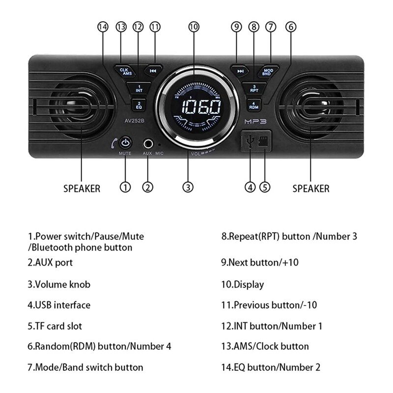 Universal 1 Din In-Dash Car Radio Audio Player Built-In 2 Speaker Stereo FM Support Bluetooth With USB/TF Card Port