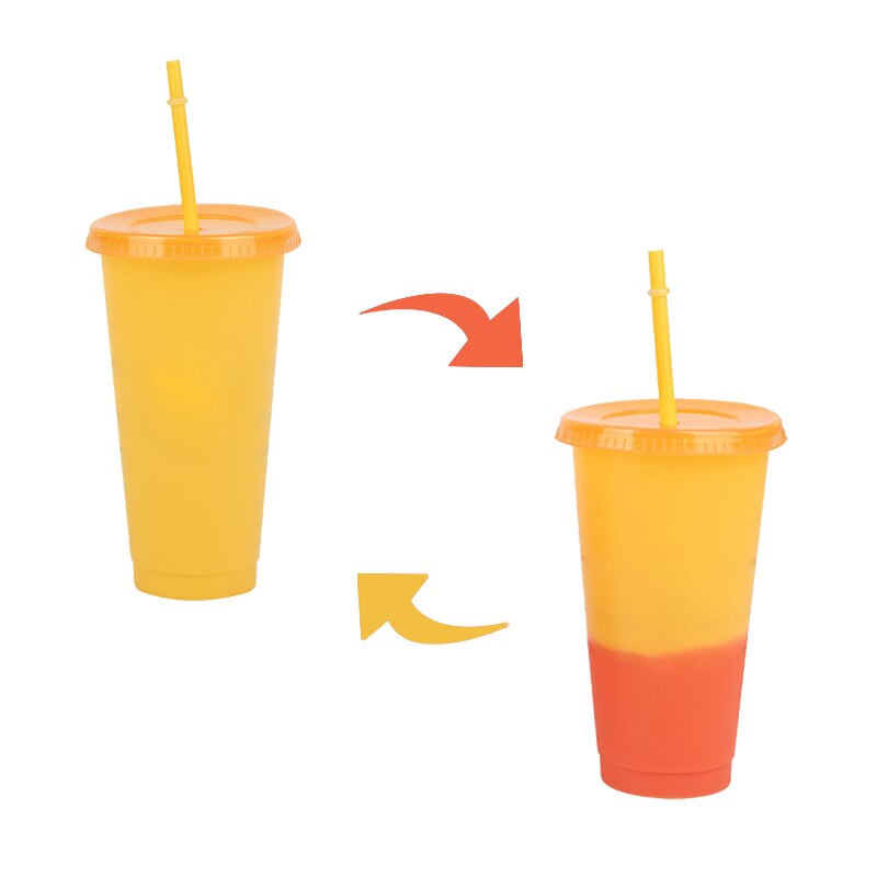 Large 710ml Straw Tumblers Cold Drinks Color Changing Cup With Lid Coffee Mug Plastic Tumbler Summer Super Cool Portable Cups: YELLOW 1PC
