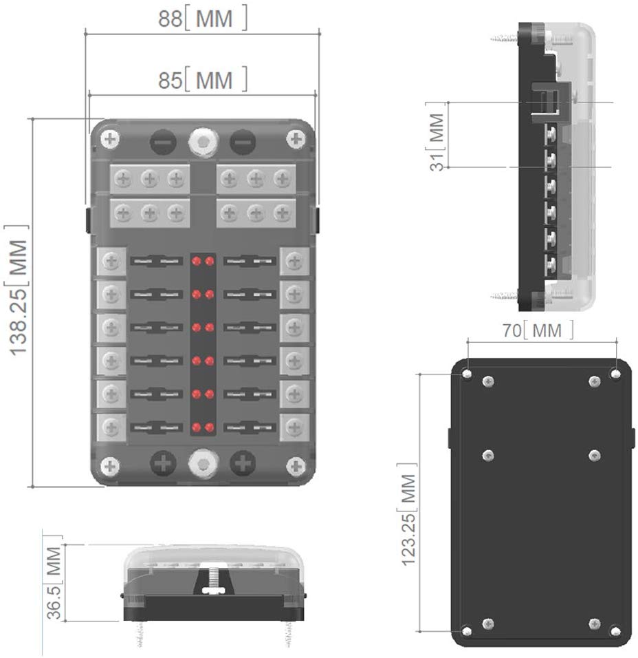 12-Way Fuse Block W/Negative ATC/ATO Fuse Box With Ground, LED Light Indicator & Protection Cover, Bolt Connect Terminal