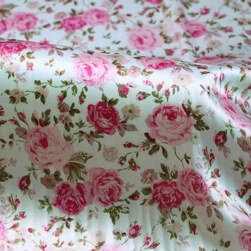 100cm * 120cm Rose Bloemenprint Satijnen Doek Materiaal Roze Bloemenprint Nachtkleding Jurken Stoffen Patchwork Ticidos