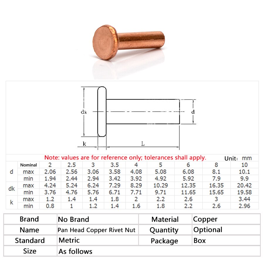 Remache de cabeza plana de latón M2.5-M3, M2.5, M3, remaches sólidos de cobre, sujetadores, longitud de perno de 3mm-25mm