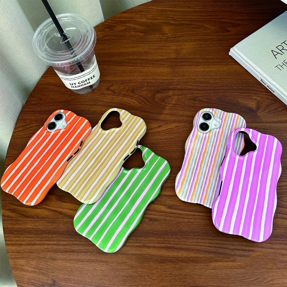 2 in 1 Glossy Stripes Phone Case for iPhone 13 14 15 16 Pro Max Wave Edges Comfortable Touch Hard Slim Back Cover Shell
