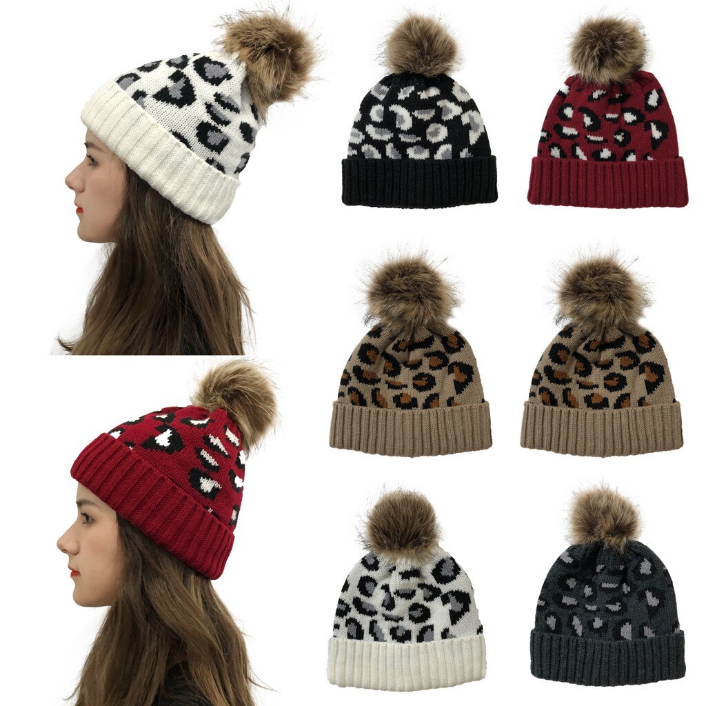 Женские шапки vinter hat kvinder afslappet leopard syning udendørs plys hatte hæklet strik beanie hat til kvinder шапка женская зима