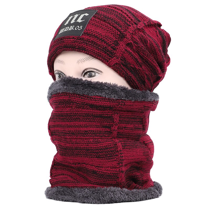 Nc label herr och dam bomullsmössa scarf kostym herr vintermössa scarf 2 delar set plus sammet tjock utomhus varm mössa: Vin