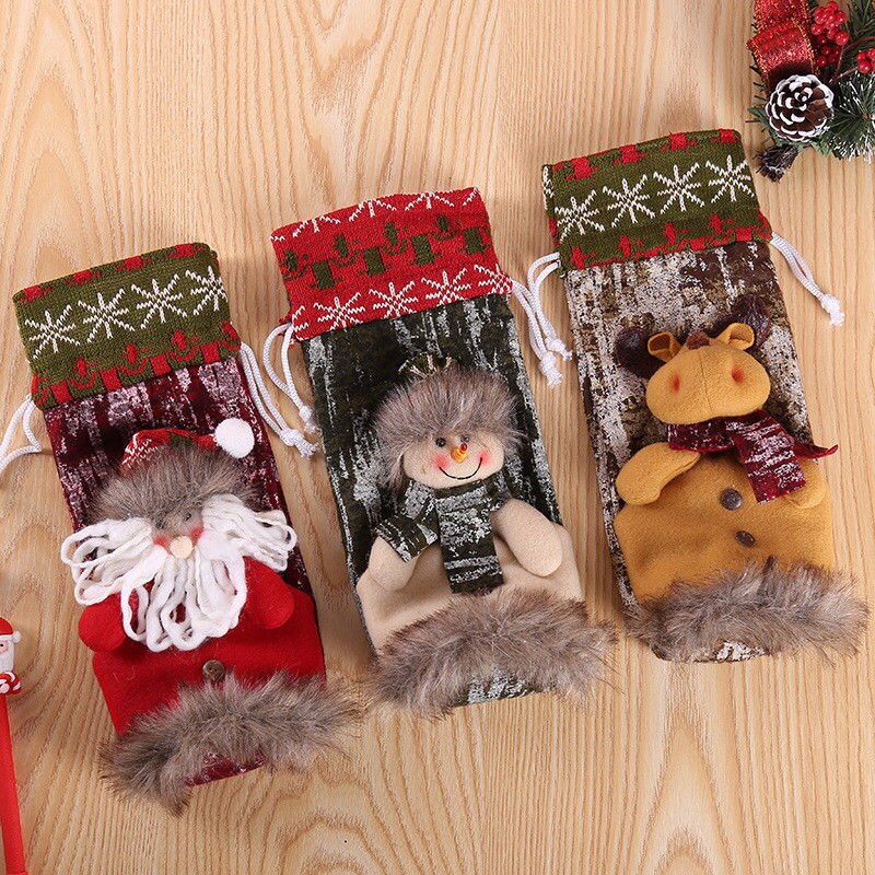 Christmas Santa Sneeuwpop Elanden Wol Blend Wijn Fles Schort Cover Wrap Xmas Etentje Tafel Decoratie