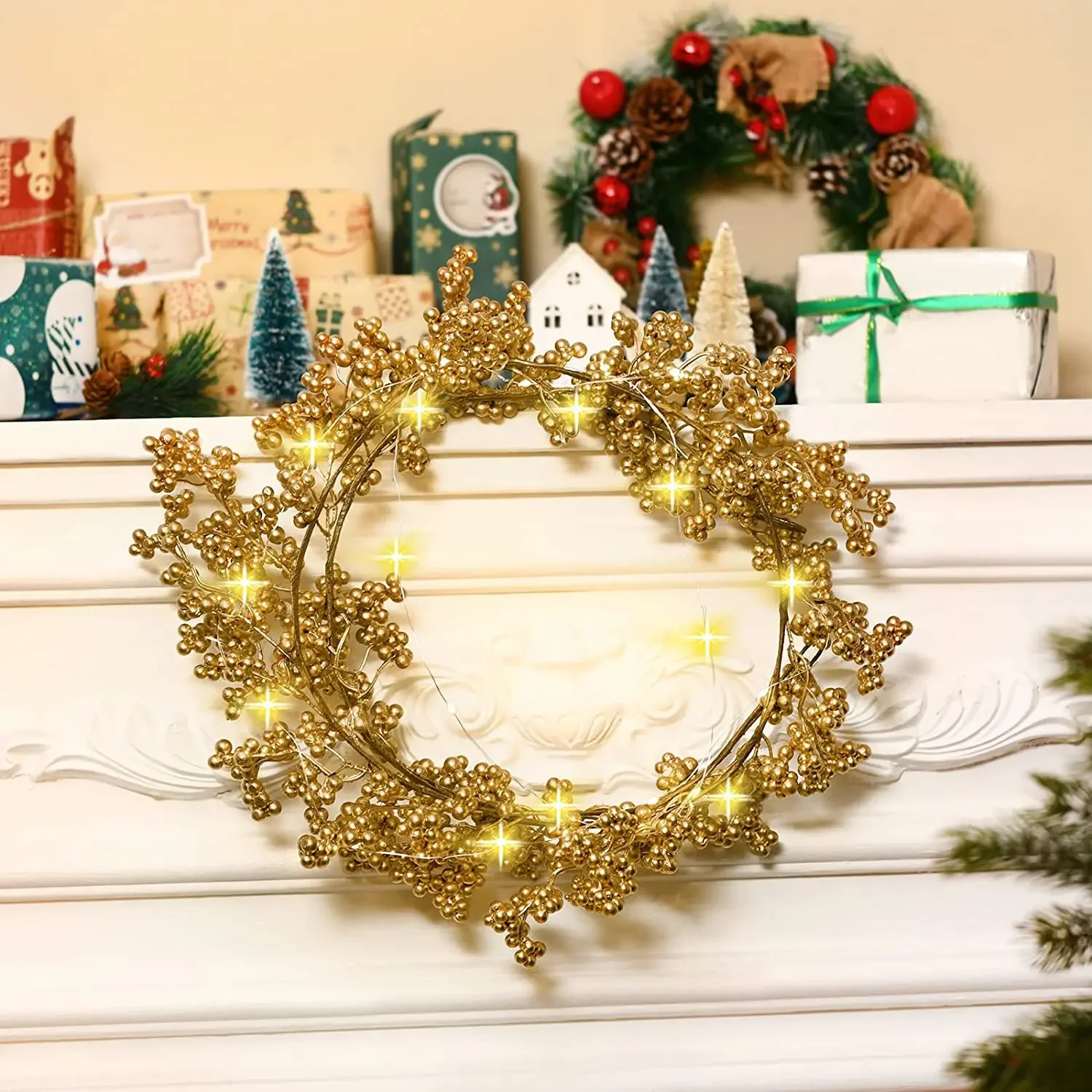 5.9ft/180cm Rode Bessen Kerstslinger Optionele verlichting Goud Zilver Bes Kunstmatige Garland Kerstdecoratie voor Nieuwjaar
