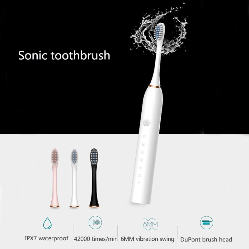 Sonic sähköhammasharja 6 moodia usb ladattava ultraäänihammasharja aikuisten vedenpitävä 4 vaihtoharjaspäällä