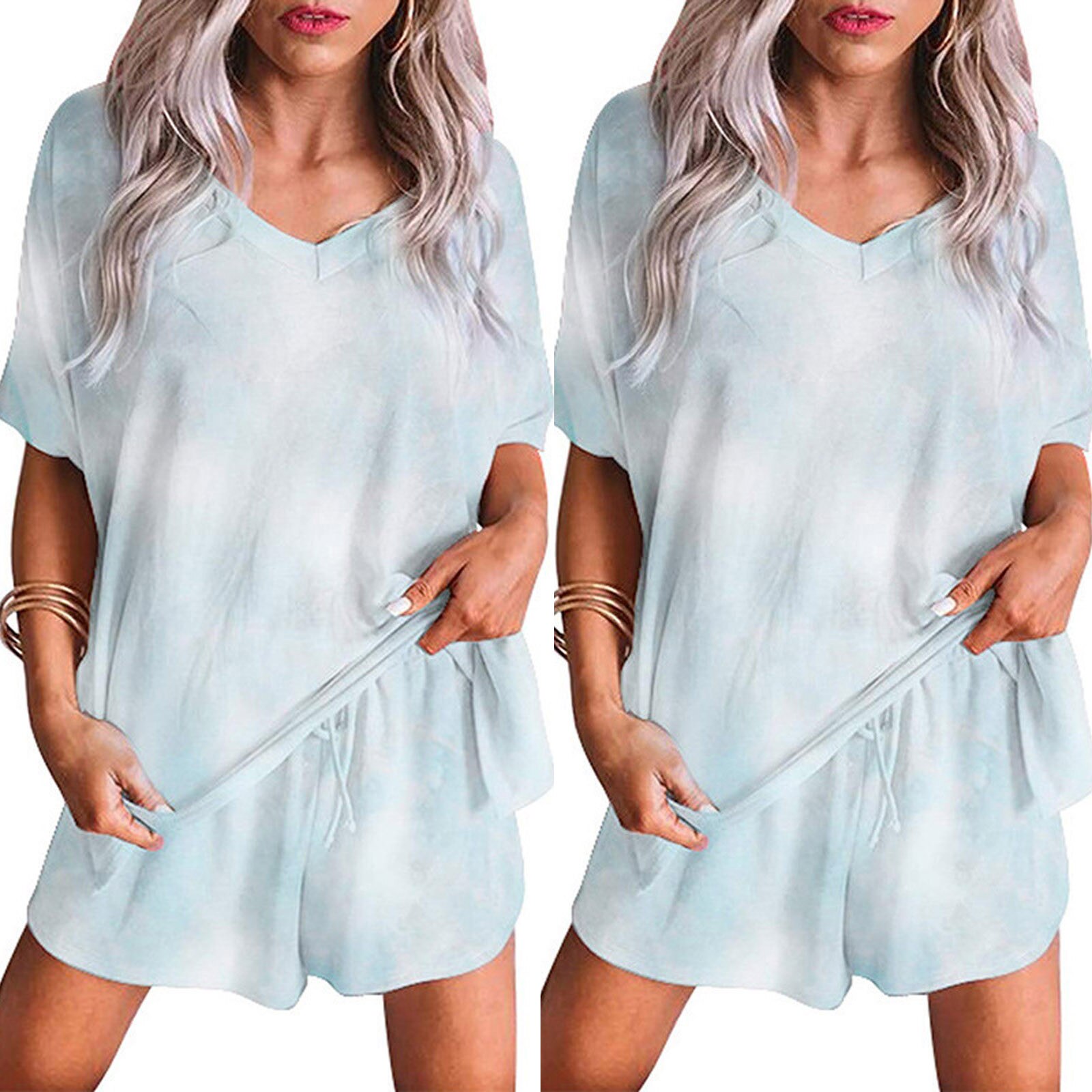 Casual 2 Pcs Women Set V-Neck Short Sleeve Loose Top + High Waist Hip Elastic Wide Leg Shorts Tie-Dye Wild Suit #N4