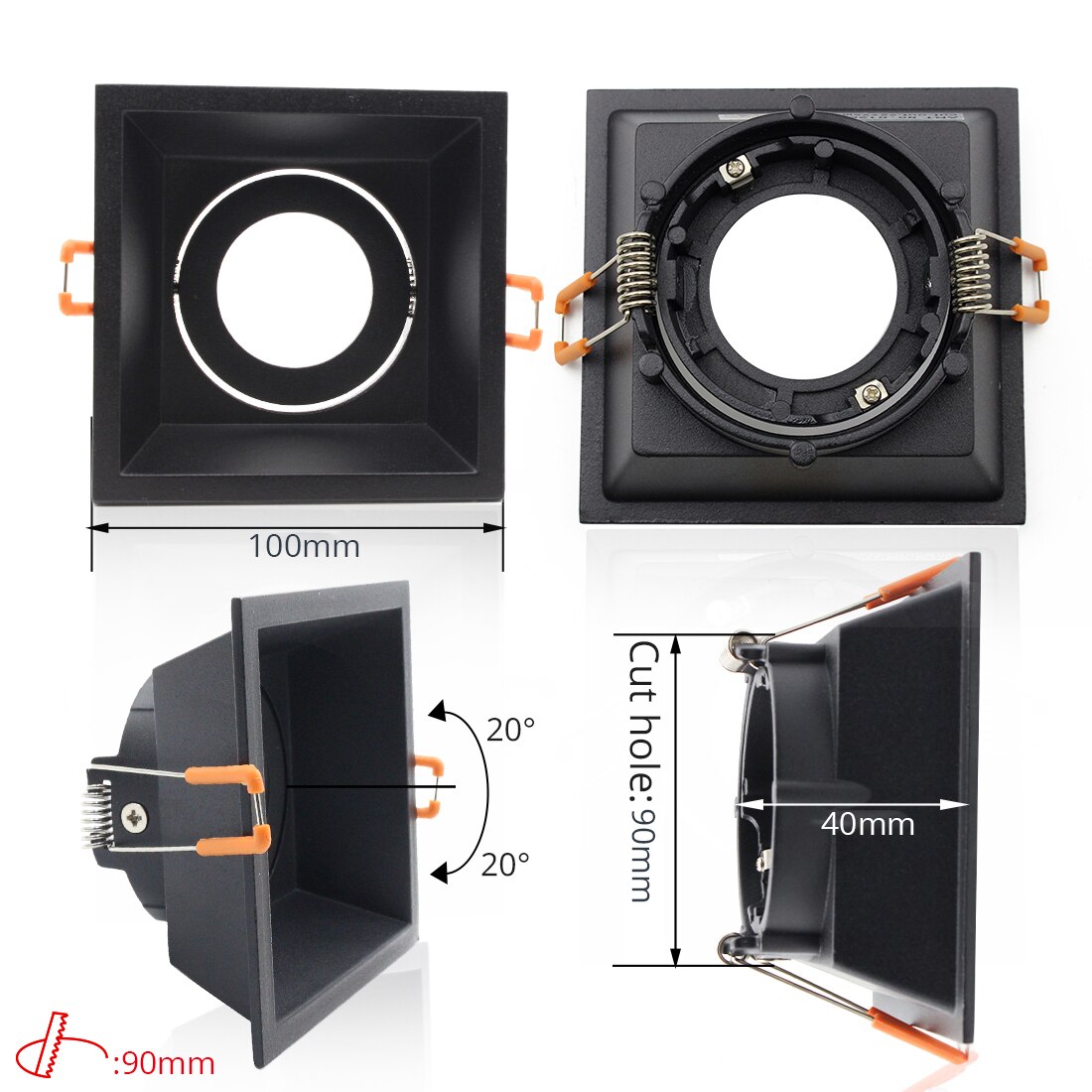 LEDIARY Zwart LED Downlighters GU5.3 GU10 Fitting 90-265V Verzonken Plafond Spot Lamp Frame Bulb Verwisselbare 75MM 90MM Cut Gat: Type 2 Square 100MM / GU10 Without Bulb