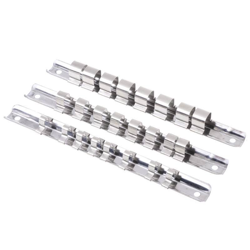 Socket Rack Holder 1/4" 3/8" 1/2" With 8 Clips On Rail Tool Organizer Storage Stainless Steel Wall-mounted For Garage &amp; Workshop