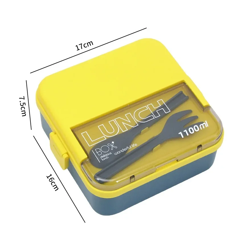 1100ML/1800ML 2 layer Compartment Lunch Box For Kids With Fork and Spoon Microwave Bento Boxes Portable Food Storage Container: Yellow