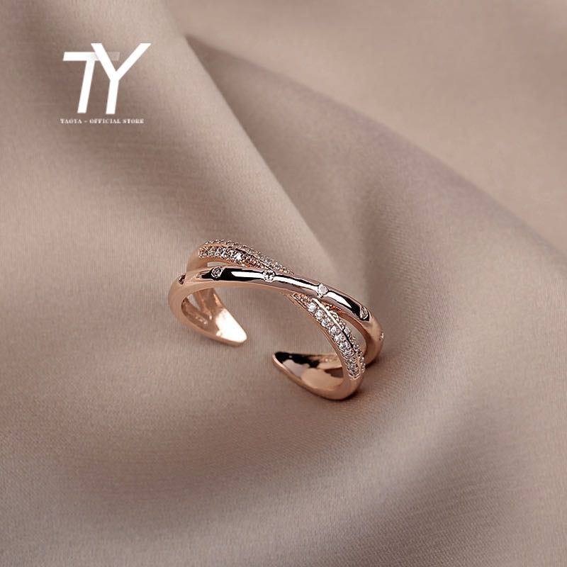 Anillo abierto de circonita cruzada de lujo Simple de joyería femenina coreana anillo de boda ajustable de oro rosa sexy