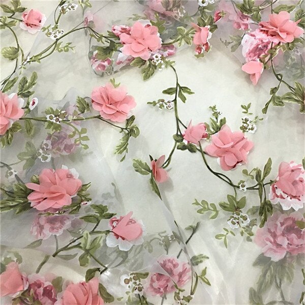1 yard 3d blomster organza blonde stof chiffon roset applikationer til brudekjole prom kjole blonder: Lyserød