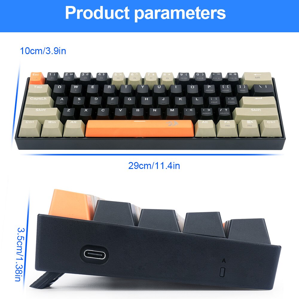 REDRAGON Lakshmi K606 USB Mechanical Gaming Keyboard Brown Switch 61 Keys Wired detachable cable,portable for travel