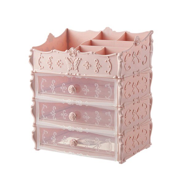 Cajón de plástico para cosméticos contenedor organizador de maquillaje caja para el almacenamiento maquillaje joyas titular de uñas hogar escritorio varios almacenamiento Cas: pink and clear