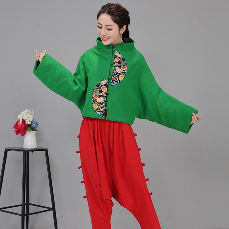 Ropa de estilo chino para mujeres, chaqueta Retro con bordado rojo, chaqueta femenina, blusa Ethinc, Tops chinos para mujeres FF2540