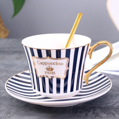 Concise Stripe Bone China Coffee Cup Saucer With Gold Spoon Ceramic Paris Tea Cup 225ml Porcelain Teacup Cafe Drinkware: Black coffee cup