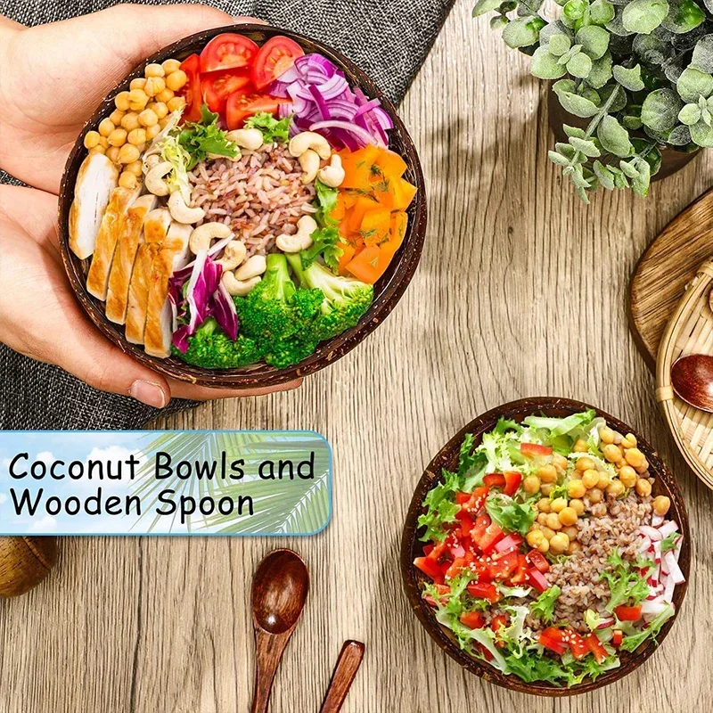 Natural Coconut Bowls For Serving Dishes Wooden Reusable Bowl Utensils Wood Spoon Natural Coconut Shell Bowls Kitchen Dinner Set