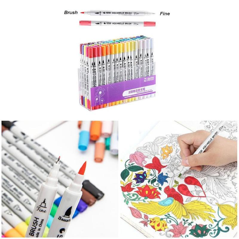 2 stk penselpenner med to spisser 0.4 fine liners pensel highlighter maling vannfarge penn 112