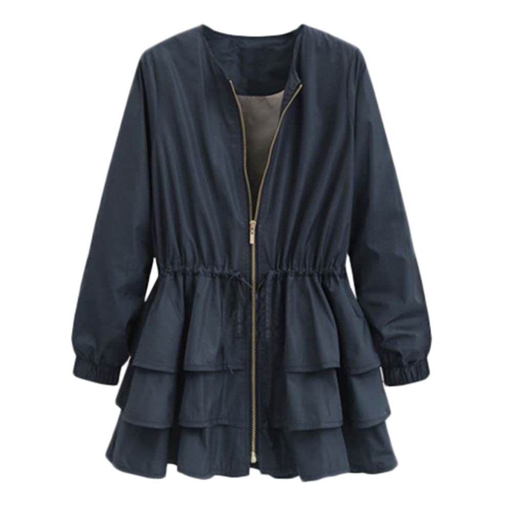 Womens Ladies Autumn Jackets Women Slim And Long Ruffled Zipper Jacket Outdoor Jackets Waterproof Coats ropa mujer: navy / XXXL