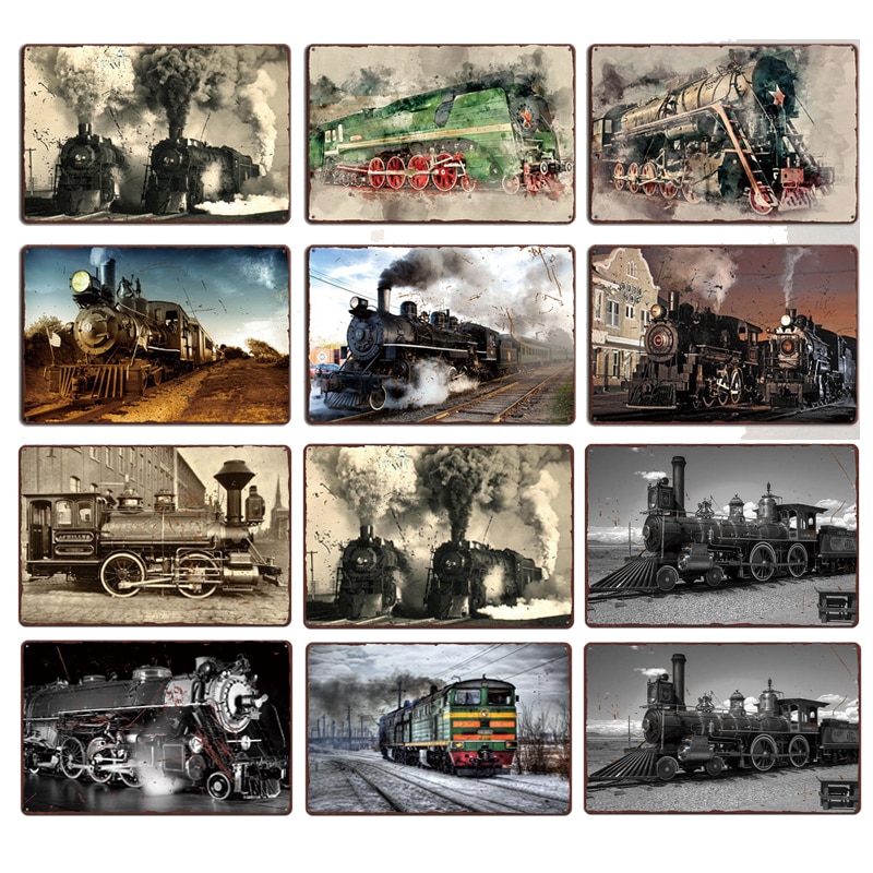 Vintage metalen bord met trein, treinplaatje, metalen vintage pub, grappig blikken bord, wanddecoratie voor bar, pub, club, borden