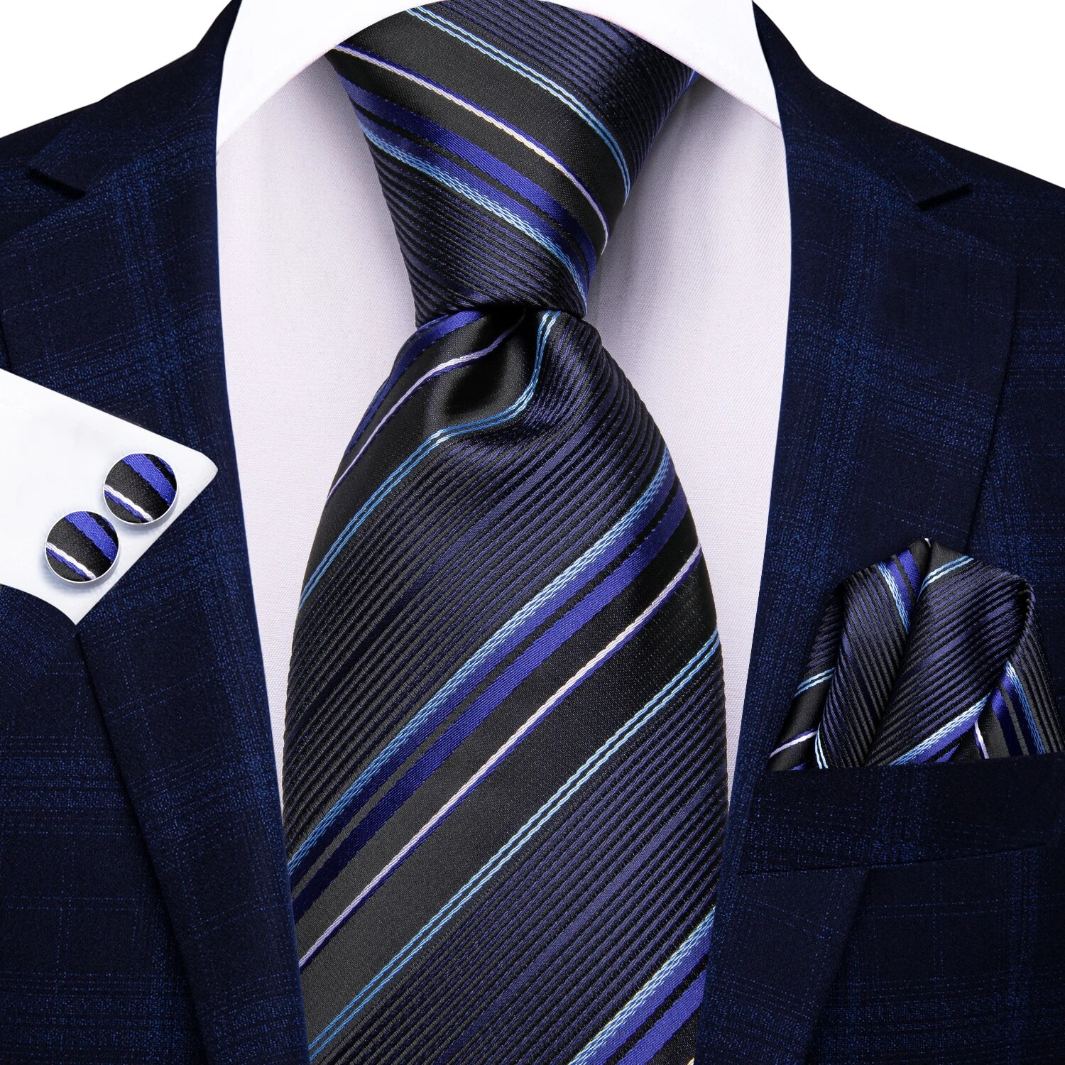 Hi-Tie Black Red Striped Silk Wedding Tie For Men Handky Cufflink Men Necktie Set Business Party: Dark Grey