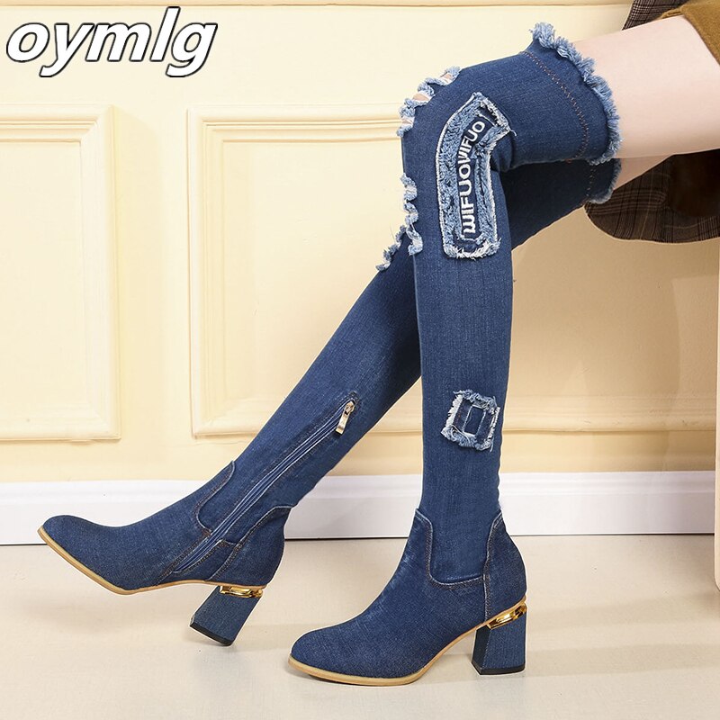 Womens Denim Boots Over The Knee Pointed Toe Thick High Heels Shoes Woman Casual Tassel Cut Out Jeans Long Botas Mujer