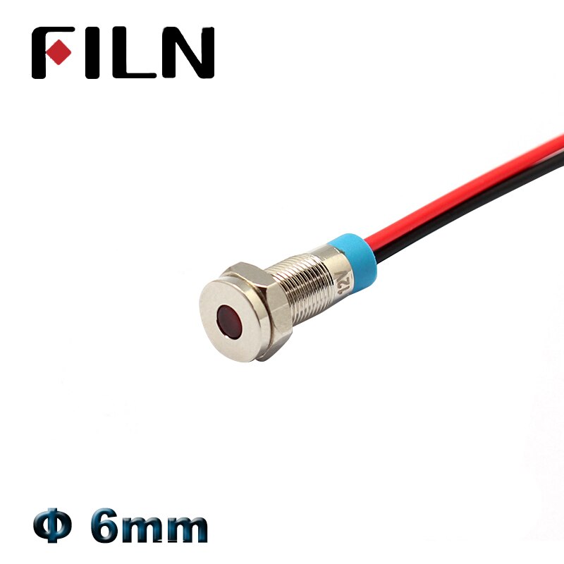 FILN 6mm 12v mini Metal LED Pilot Panel Dash Signal Indicator Warning light 14cm cable Chrome Finish Car Boat Marine pilot lamp