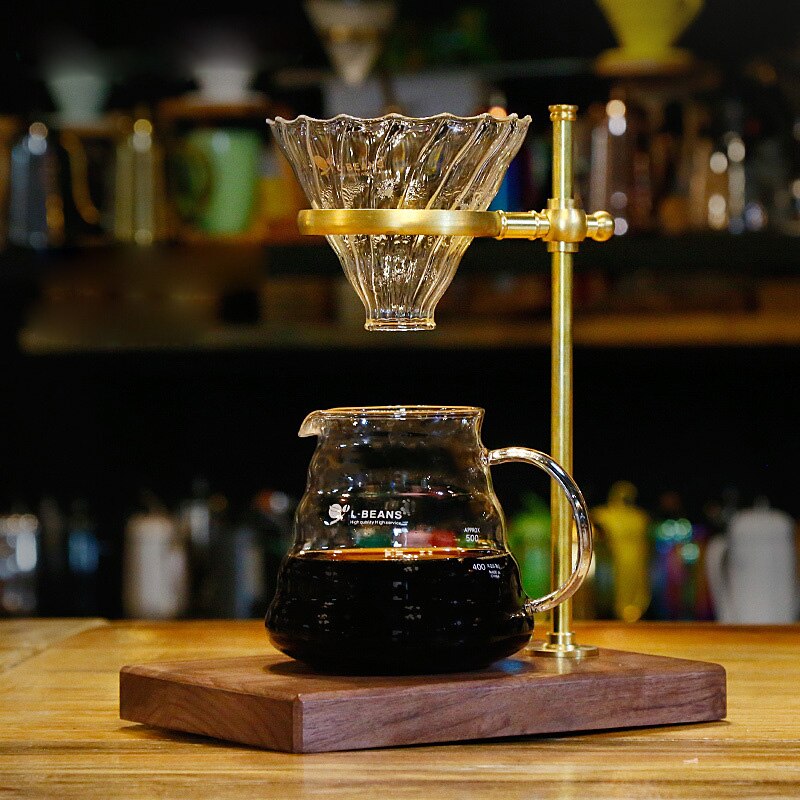 Pour Over Stand Coffee Station Adjustable Height, Brass Holder with Walnut Base, Glass Dripper Filter Cup and Coffee Pot