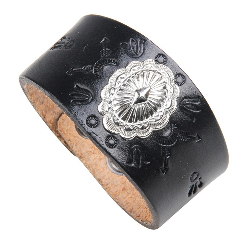 Punk Rock Style Wide Black Leather Cuff Bracelet Female Male Adjustable Snap Button Clasps Wrap Bracelets for Women Men