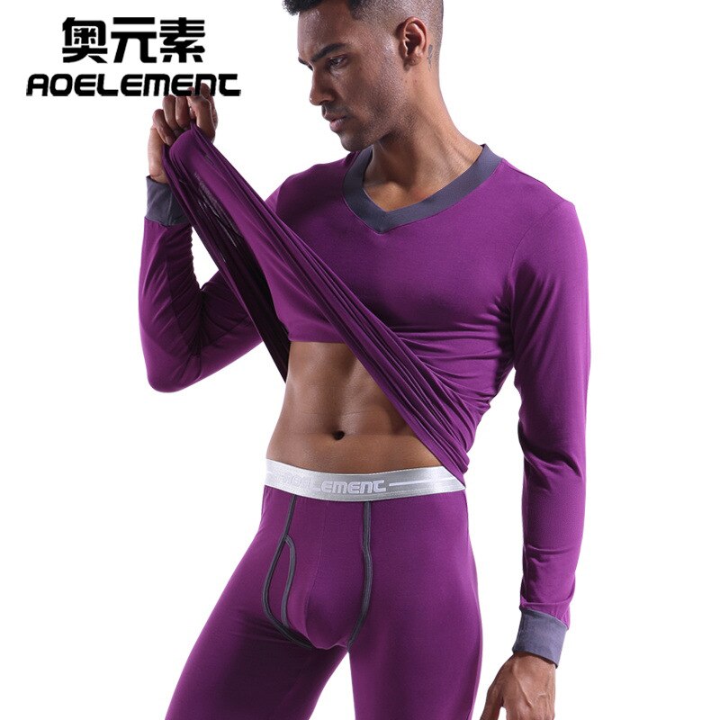 AOELEMENT Men's V-neck Underwear Set Modal Slim-fit Autumn Clothes Long Johns Mens Thermal Base Suit To Keep Warm Leggings