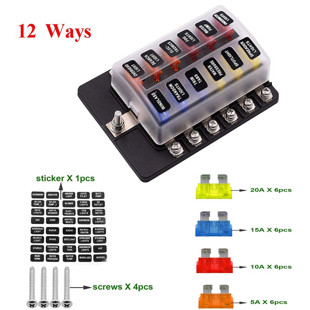 Car Boat Fuse Box Holder 12 Way Blade Fuse Box with LED Warning Light Kit fit for 12 V 24V: Default Title