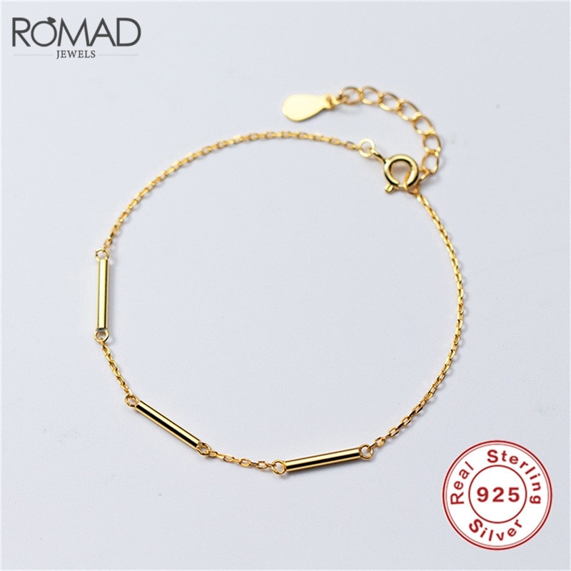 ROMAD Simple 925 Solid Real Sterling Silver Gold Stick Chain 16cm Bracelets For Teen Women Hand Accessories Jewelry R25