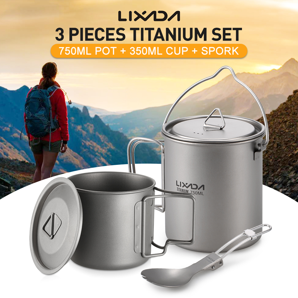 Lixada Lightweight Titanium 3 Pieces Set Titanium 750ml Pot Water Cup Mug Folding Spork for Outdoor Camping Hiking Backpacking: with 350ml Cup Spork