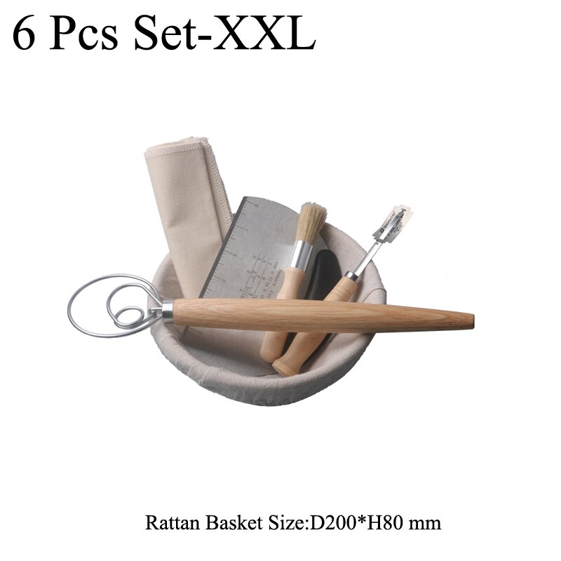 Banneton-herramientas para panadero de pan de campo europeo, cesta redonda de mimbre a prueba de agua, juego de 6 piezas con cepillo delineador, espátula para masa: Round 6pcs Set-XXL