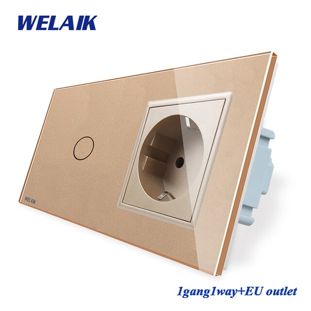WELAIK 2Frame-Crystal Glass-Panel Wall-Switch EU Touch-Switch-Screen EU Wall-Socket 1gang-1way AC250V A29118ECW/B: 1g1w EU Socket Gold