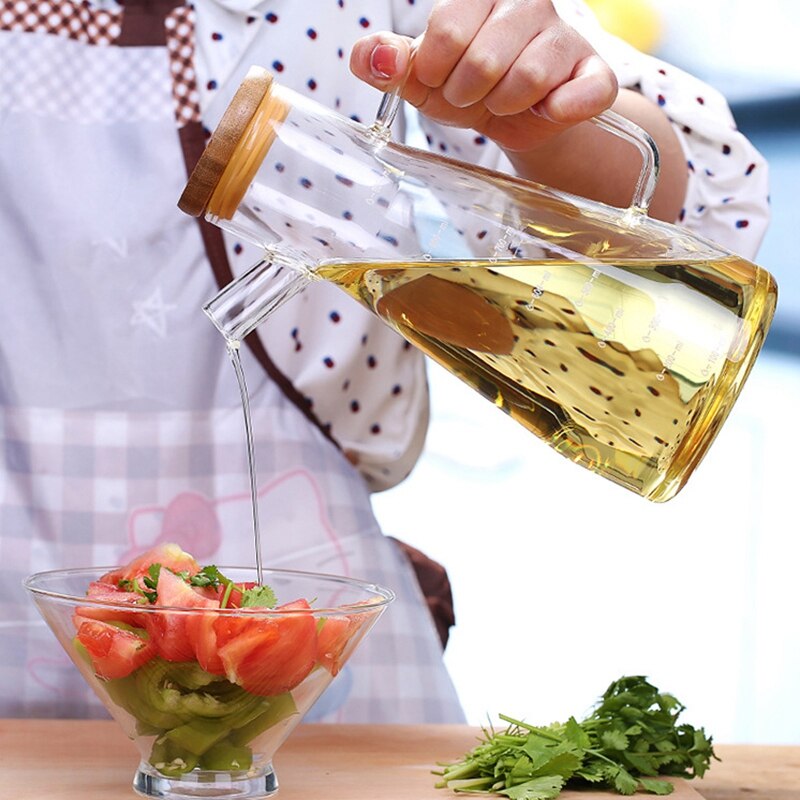 Bottiglia di olio di vetro trasparente da 900Ml, con manico bottiglia di olio, adatta per utensili da cucina contenitore di salsa di aceto di soia