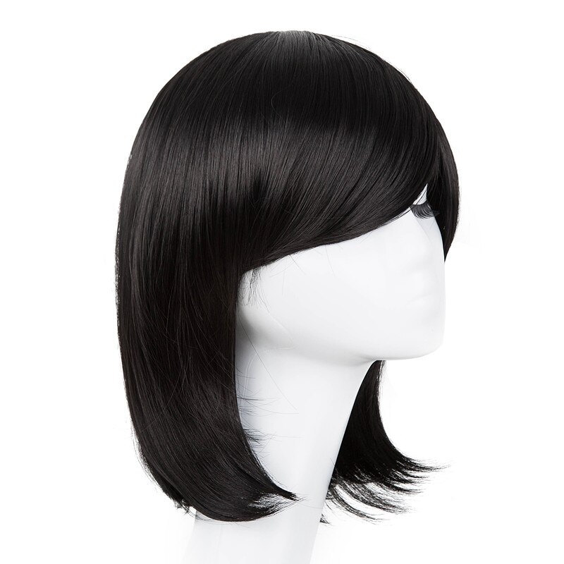 Fei-show Syntheitc-Peluca de pelo negro ondulado corto, fibra resistente al calor, traje, flequillo oblicuo, de salón, estudiante, Bob, inclinada: #1B