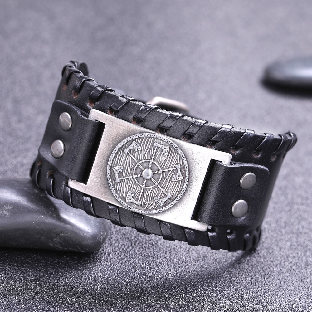 Skyrim – bracelet en cuir large avec pendentif de hache Viking, bijoux de la mythologie nordique, amulette Kolovrat esclave Wicca Pulseira