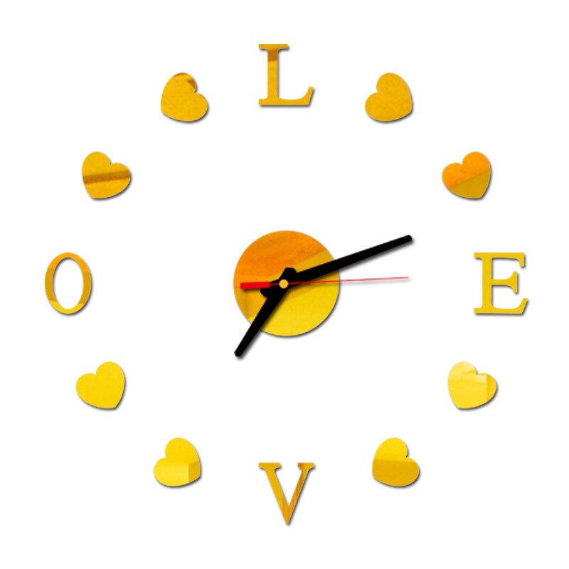 LOVE AND HEART Wall Clock 3D DIY Acrylic Mirror Stickers Clock Watch Living Room Bedroom Home Decor Large Silent Elreloj Mural: Gold