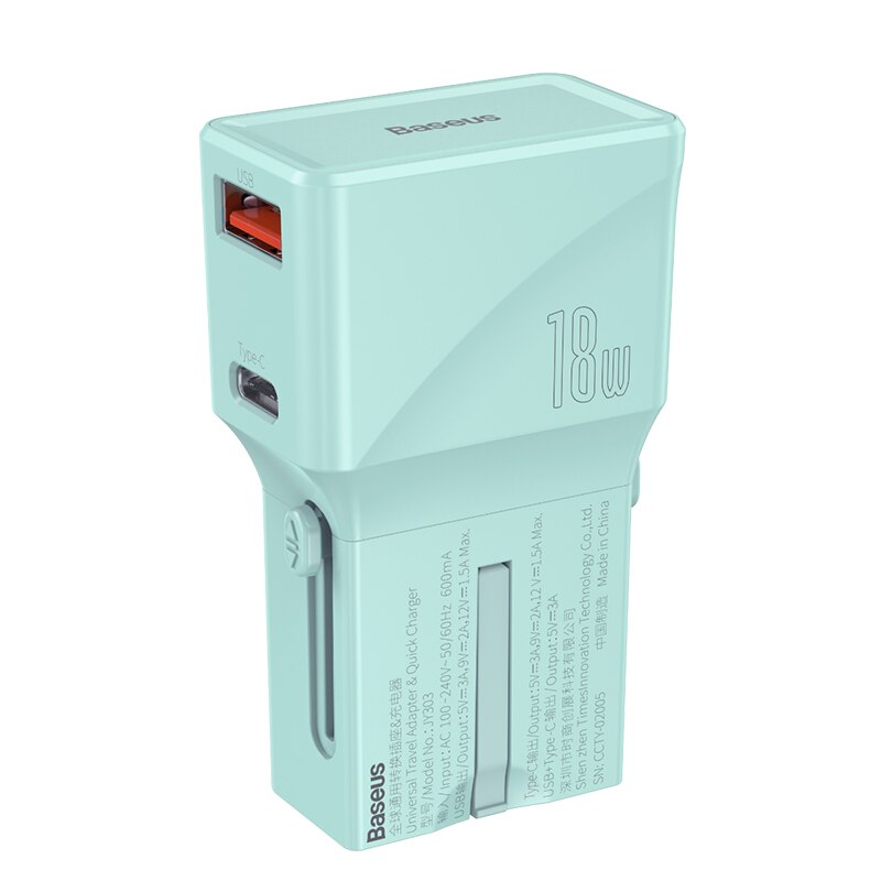 Baseus universele usb-lader 18w qc 3.0 pd3.0 snellader snel opladen 3.0 reis usb c internationaal stopcontact voor xiaomi: 18w oplader blauw