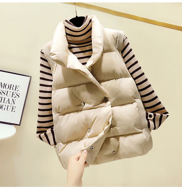 Vrouwen Double-Breasted Korte Vest Herfst Winter Stand Kraag Katoen Gewatteerde Puffer Jas Vrouwelijke Parka Body Uitloper