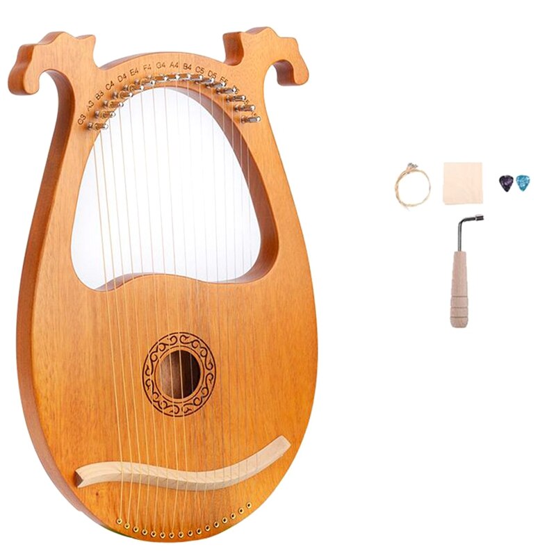 Lyre harp, cordas de madeira sólida, 16 cordas, mogno, lyre, harp com chave de ajuste para iniciantes de música