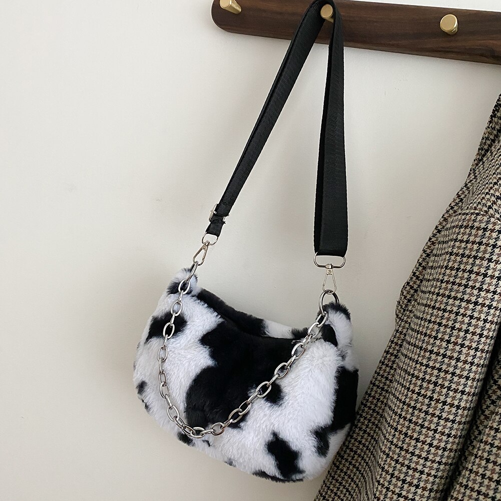 hiver vache imprimer sacs à bandoulière pour femmes doux en peluche sac à main femme chaîne sac bandoulière fourrure moelleux sac sac femme